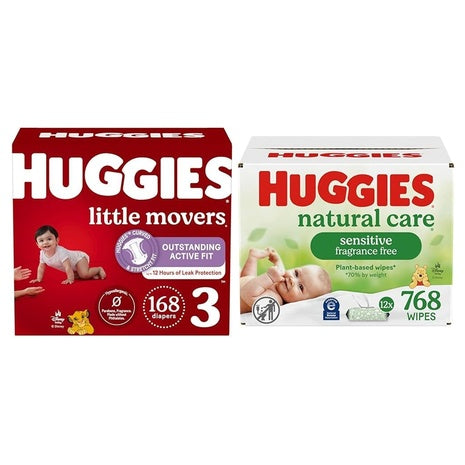 Size 3 Huggies Little Movers, 168 Diapers + 768 Wipes