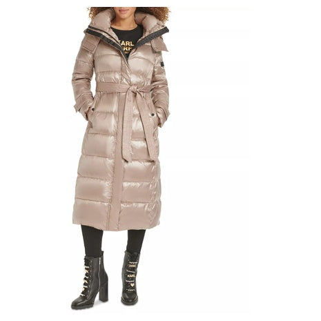 Karl Lagerfeld Paris Women's Shine Hooded Belted Puffer Coat