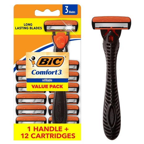 BIC Comfort 3 Men's Refillable 3-Blade Razors with 1 Handle & 12 Cartridges