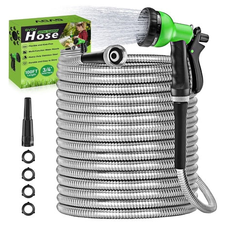 GVDV Metal 3/4" X 100' Garden Hose W/ Spray Nozzle