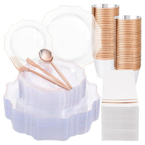 350-Piece Clear Rose Gold Disposable Dinnerware Set