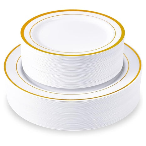 100 White & Gold Disposable Plates