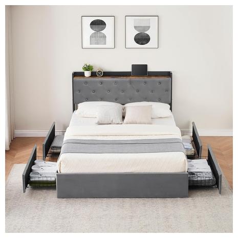 Full Size Bed Frame w/ 4 Drawers & Charging Station
