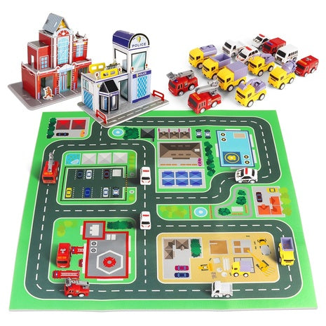 14-Piece Toy Car Playset with Mat & Puzzles