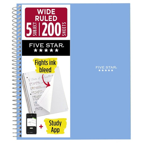 Five Star 5-Subject Spiral Notebook (200 Sheets)