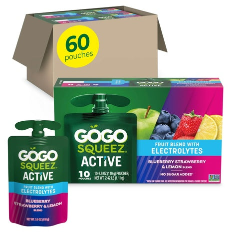 60 GoGo squeeZ Active Electrolyte Pouches (Blueberry Strawberry & Lemon)
