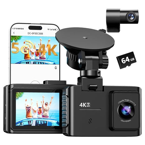 4K Dual Channel Dash Cam Front & Rear with WiFi & 64GB Card