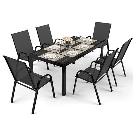 7-Piece Outdoor Dining Rectangular Steel Slat Patio Table & Chairs Set