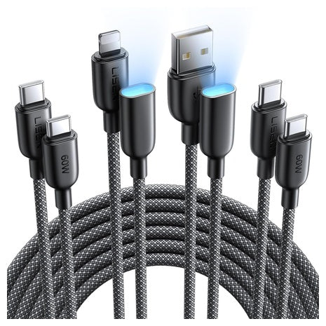 2 Lisen 6.6FT USB-C to USB-C Cables with USB-A & Lightning Adapters
