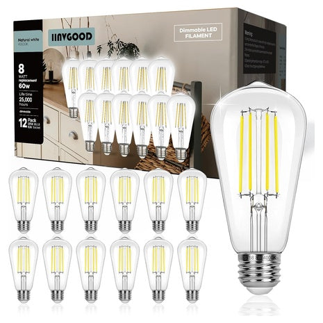 12-Pack Iinvgood Dimmable Edison ST58 Vintage LED Light Bulbs