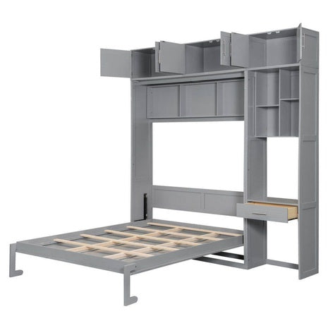 Wood Frame Queen Size Wall Murphy Bed With Desk