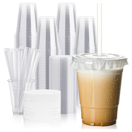 100 16oz Clear Plastic Cups with Lids & Straws