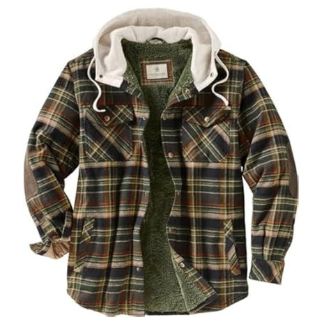 Men's Hooded Flannel Berber Lined Polyfill Insulated Shirt Jacket