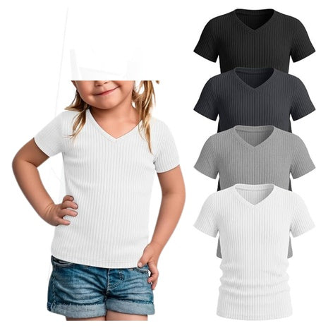 4-Pack Toddler Girls' Ribbed V-Neck Cotton T-Shirts