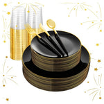180 Piece Black & Gold Disposable Dinnerware Set