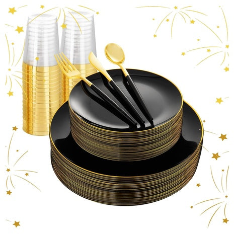 180 Piece Black & Gold Disposable Dinnerware Set