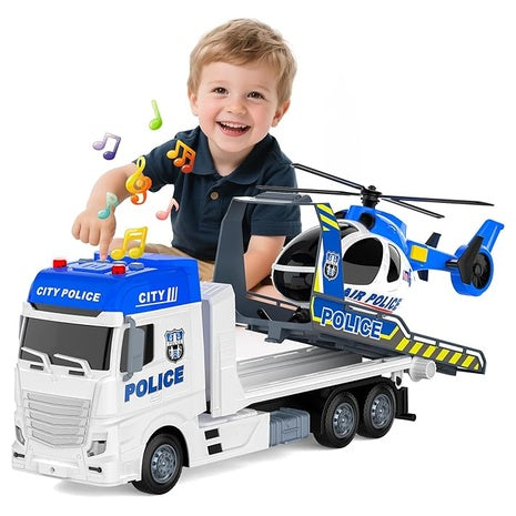 Police Truck With Racing Car and Helicopter