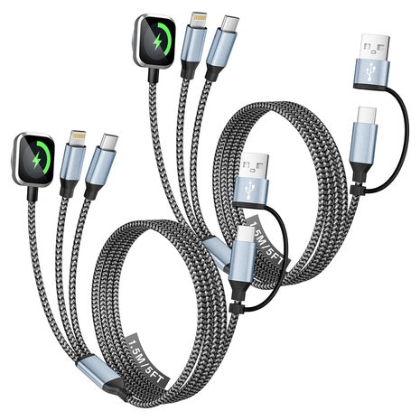 2-Count 5ft 6-in-1 Travel Essentials Charging Cables W/ Apple Watch Charger