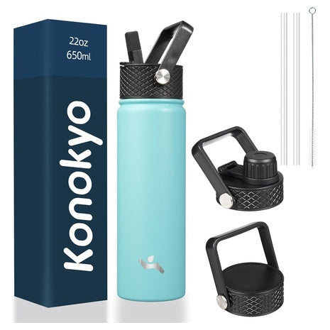 22oz Konokyo Insulated Stainless Steel Water Bottle With Straw & 3 Lids