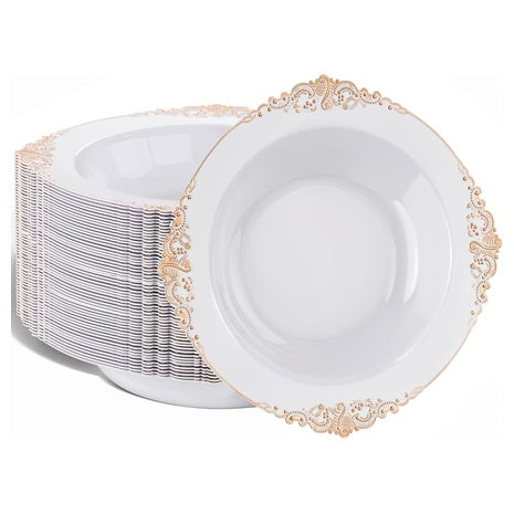 50 White Plastic Bowls with Rose Gold Rim