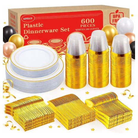 600 Piece Gold Disposable Dinnerware Set For 100 Guests