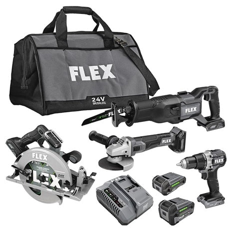 FLEX 24V Brushless 4-Tool Combo Kit W/ 5.0Ah & 2.5Ah Batteries + Charger