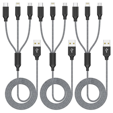 3-Pack 4ft 3-in-1 USB-C/Micro/Lightning Multi Charging Cable (Various)
