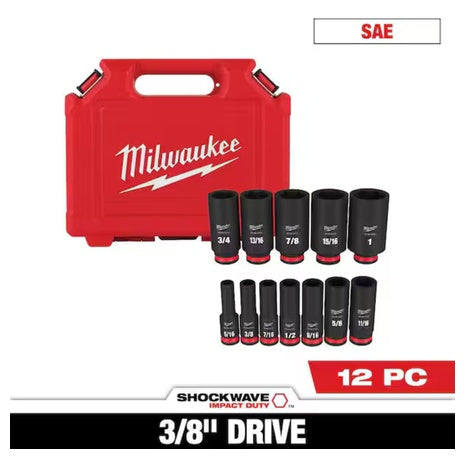 12-Piece Milwaukee Shockwave 3/8" Deep Well 6 Point Impact Socket Set