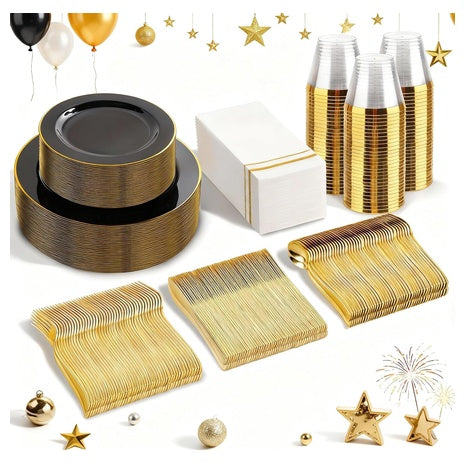 350 Piece Black & Gold Disposable Dinnerware Set