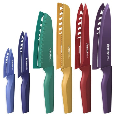 12 Astercook Color-Coded Stainless Steel Knives with Blade Guards