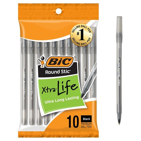10 BIC Round Stic Black Ballpoint Pens