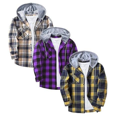 3-Pack Men's Casual Button Down Plaid Flannel Hoodie Shirts
