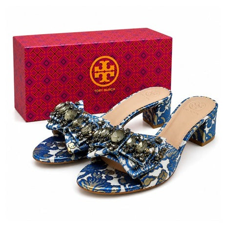 Tory Burch Floral Valentina Bow Slide Barricade Sandals
