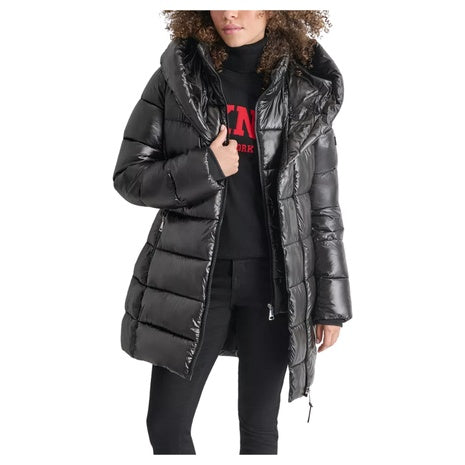 DKNY Women's Bibbed Shawl-Collar Packable Shine Puffer Coat