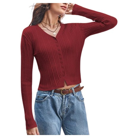 Women's V Neck Slim Fitted Cropped Cardigan Sweaters