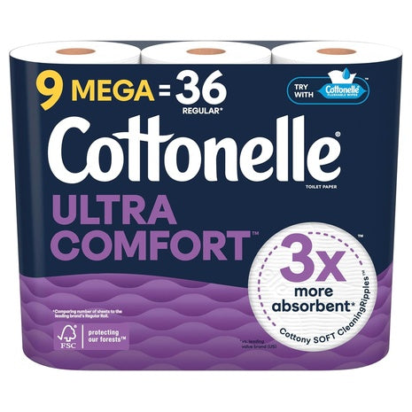 9 Mega Rolls (36 Regular Rolls) Cottonelle Ultra Comfort Toilet Paper
