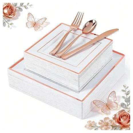 125-Piece Rose Gold Square Disposable Dinnerware Set