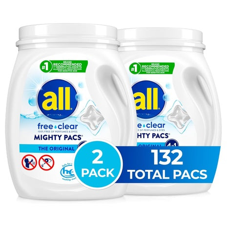 All Free Clear, Original, Mighty Pacs Laundry Detergent Pacs, 132 Count