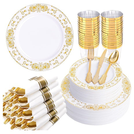 350 Piece White and Gold Disposable Dinnerware Set