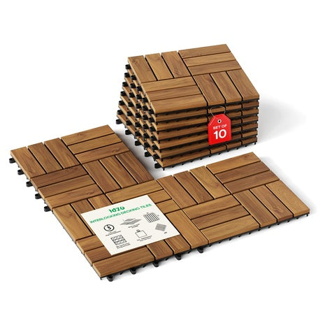 10 Interlocking Acacia Wood Deck Tiles (9.6 sq ft)
