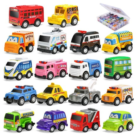 18 Mini Pull Back Toy Cars with Storage