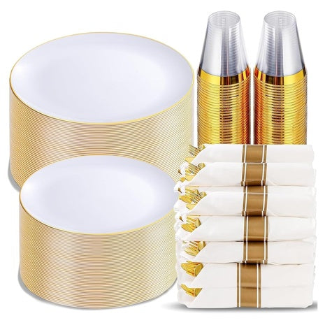350 Piece White and Gold Plates Disposable Dinnerware Set