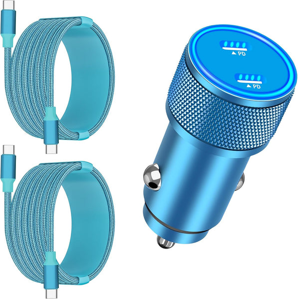 90W Dual PD Car Charger w/ Two USB-C Cables (3 Colors)