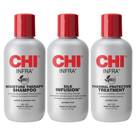 3 CHI Infra Thermal Moisturizing & Restoring Shampoo Bottles