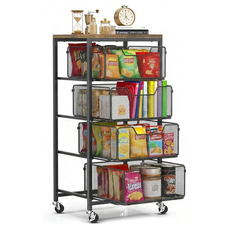 4-Tier Rolling Cart with Drawers and Wooden Top