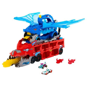 Hot Wheels Ultimate Dual Dragon Transporter City Toy Car Track Set w/ 2 Die-Cast Cars