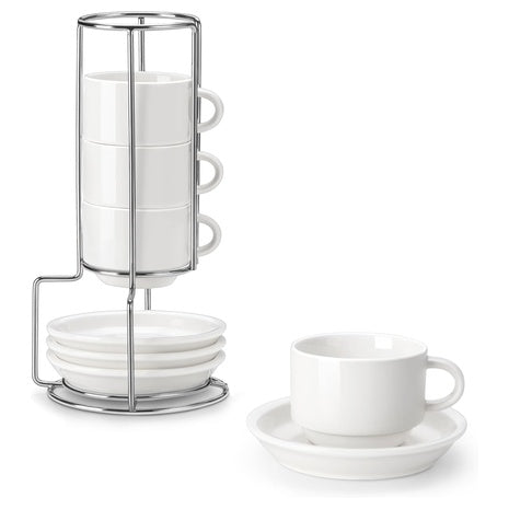 4-Pack 2.5-Oz Porcelain Espresso Cups With Saucers & Metal Stand