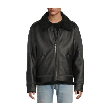 Karl Lagerfeld Paris Men's Faux Fur Lined Faux Leather Flight Jacket