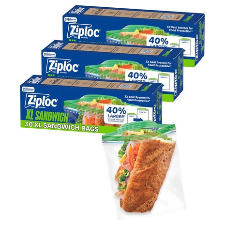 90 Ziploc XL Sandwich & Snack Bags with EasyGuide Texture