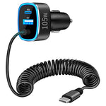 105W Dual Port Car Charger with Coiled USB-C Cable